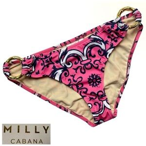 Milly Cabana bikini bottom pink baroque print goldtone bamboo side ring Medium